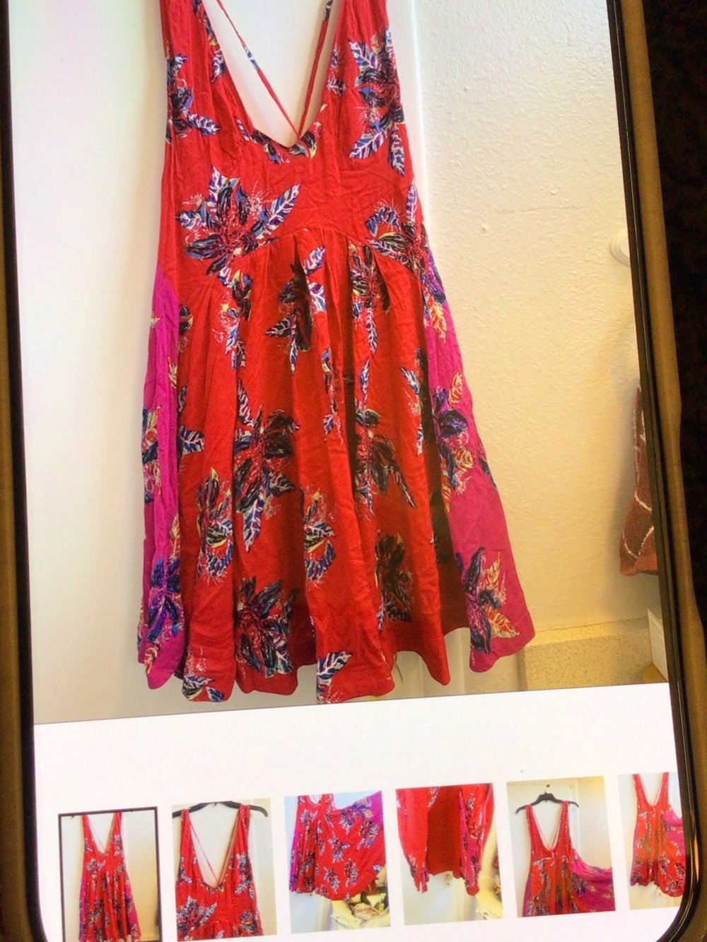 Free People Red Floral A-Line Sundress with Pink Panels. WOMEN. DRESS